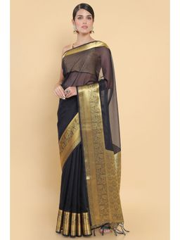 Soch - Women Black Organza Woven Saree with Unstitched Blouse