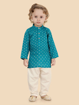 ETHNIKS NEURON - Boys Teal Woven Kurta with Pyjama (Set of 2)