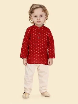 ETHNIKS NEURON - Boys Red Woven Kurta with Pyjama (Set of 2)
