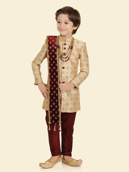 ETHNIKS NEURON - Boys Brown Woven Kurta with Pyjama, Mala and Dupatta (Set of 4)