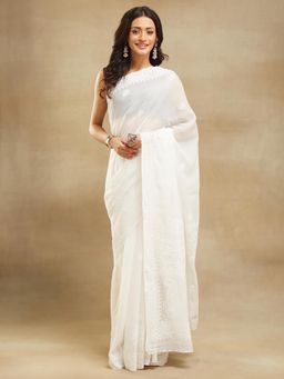 Fabindia - White Cotton Silk Embroidered Chikankari Saree Without Blouse