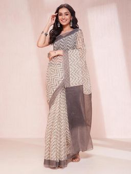 Fabindia - Grey Cotton Silk Hand Block Printed Saree Without Blouse