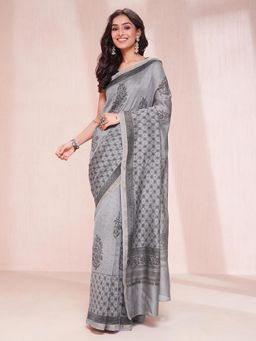 Fabindia - Grey Cotton Silk Blend Floral Block Printed Saree Without Blouse