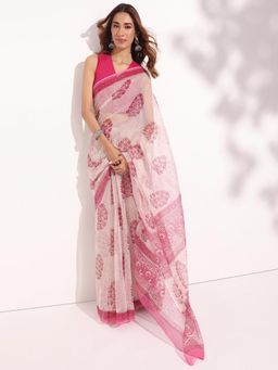 Fabindia - Pink Cotton Silk Floral Block Printed Saree Without Blouse