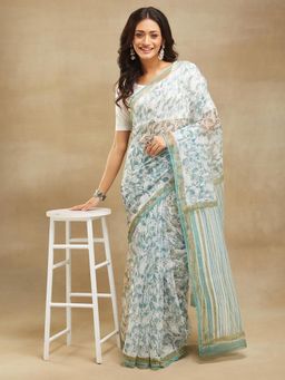 Fabindia - Light Blue Cotton Silk Hand Block Printed Saree Without Blouse