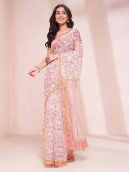 Fabindia - Peach Cotton Silk Block Printed Saree Without Blouse