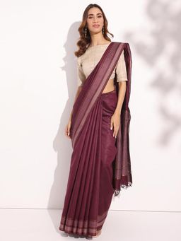Fabindia - Purple Silk Blend Woven Saree Without Blouse