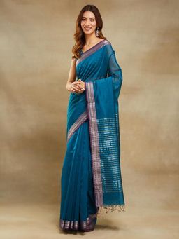 Fabindia - Blue Cotton Silk Blend Maheshwari Sari