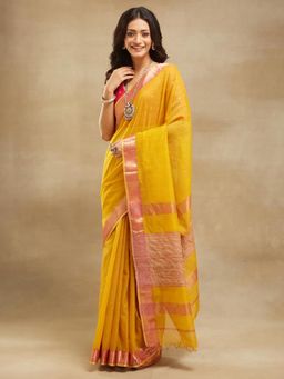 Fabindia - Mustard Cotton Silk Blend Maheshwari Sari