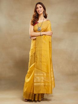 Fabindia - Mustard Cotton Silk Blend Chanderi Woven Saree Without Blouse