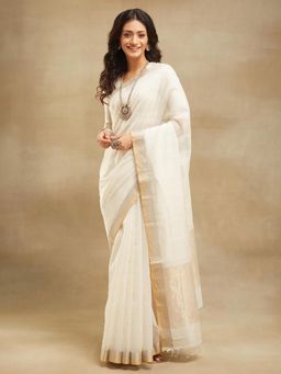 Fabindia - White Cotton Silk Blend Chanderi Woven Saree Without Blouse
