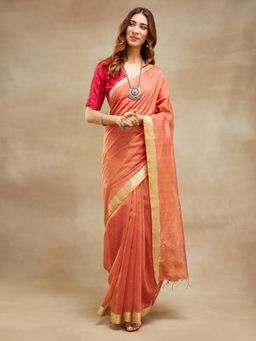 Fabindia - Peach Cotton Silk Blend Chanderi Woven Saree Without Blouse