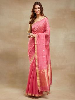 Fabindia - Pink Cotton Silk Blend Chanderi Woven Saree Without Blouse