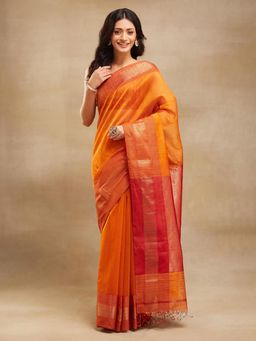 Fabindia - Orange Cotton Silk Blend Maheshwari Sari
