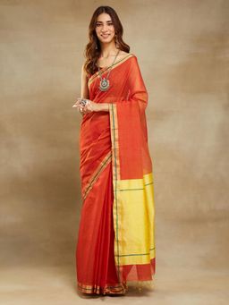 Fabindia - Orange Cotton Silk Blend Maheshwari Sari