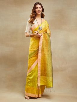 Fabindia - Yellow Silk Blend Hand Woven Saree Without Blouse