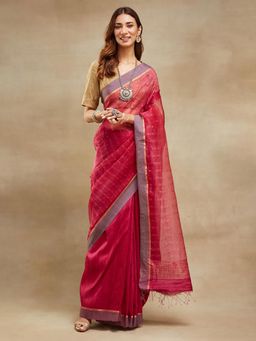 Fabindia - Wine Silk Blend Hand Woven Saree Without Blouse