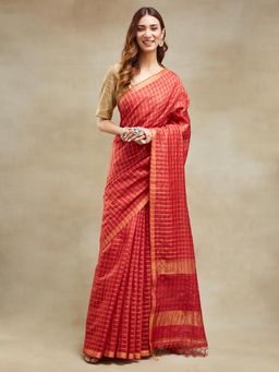 Fabindia - Red Silk Blend Checks Woven Saree Without Blouse