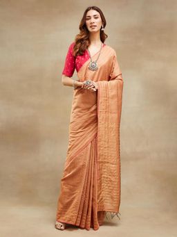 Fabindia - Peach Silk Blend Hand Woven Saree Without Blouse