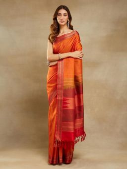 Fabindia - Orange Silk Woven Saree Without Blouse