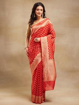 Fabindia - Red Cotton Silk Blend Woven Saree Without Blouse