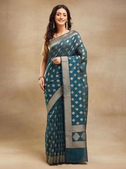 Fabindia - Teal Cotton Silk Blend Woven Saree Without Blouse