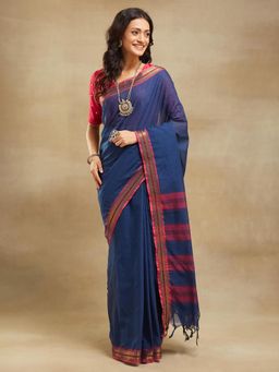 Fabindia - Navy Blue Cotton Woven Saree Without Blouse