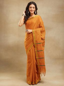 Fabindia - Mustard Cotton Woven Saree Without Blouse