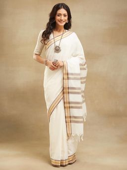 Fabindia - Off White Cotton Woven Saree Without Blouse