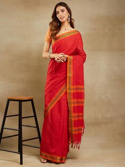 Fabindia - Red Cotton Woven Saree Without Blouse