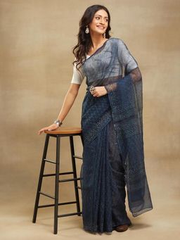 Fabindia - Indigo Cotton Silk Dabu Printed Saree Without Blouse