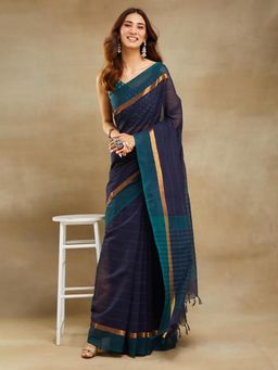 Fabindia - Navy Blue Cotton Stripes Woven Saree Without Blouse
