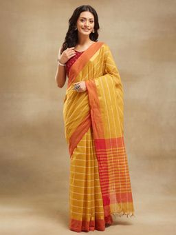 Fabindia - Yellow Cotton Stripes Woven Saree Without Blouse