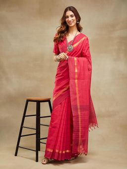 Fabindia - Pink Cotton Stripes Woven Saree Without Blouse