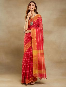 Fabindia - Red Cotton Stripes Woven Saree Without Blouse