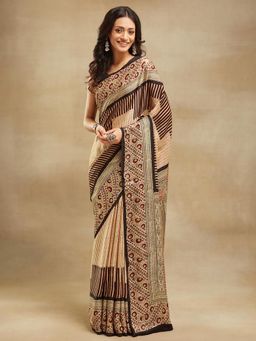 Fabindia - Beige Viscose Bagh Printed Saree Without Blouse