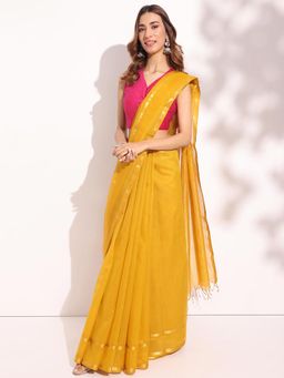 Fabindia - Mustard Cotton Silk Blend Solid Woven Saree Without Blouse