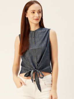 Xpose - Women Navy Blue Solid Tie-Up Denim Casual Shirt