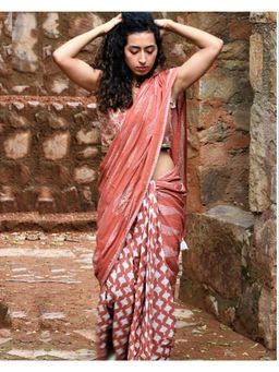 Chidiyaa - Rust Block Printed Pure Cotton Mul Saree without Blouse