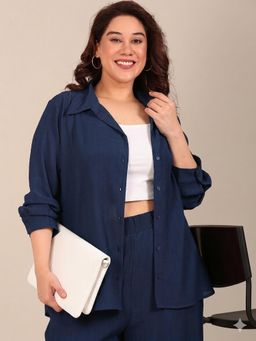 THE PINK MOON - Navy Blue Regular Fit Textured Shirt