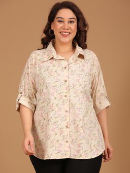 THE PINK MOON - Beige Regular Fit Floral Shirt