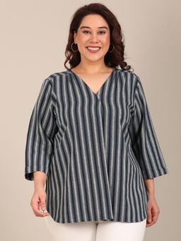 THE PINK MOON - Navy Blue Regular Fit Stripes Top
