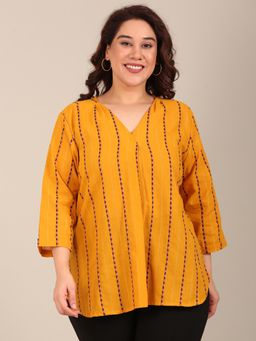 THE PINK MOON - Mustard Regular Fit Stripes Top