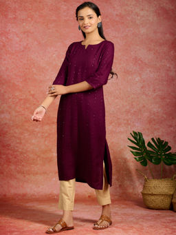Libas - Wine Viscose Rayon Sequins Detail Straight Kurta