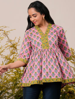 Libas - Pink Cotton Floral Printed A-Line Kurti