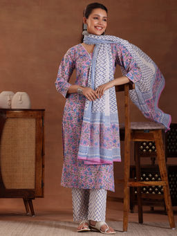 Libas - Purple Pure Cotton Printed Kurta Sets for Women