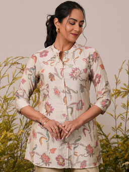 Libas - Beige Printed Silk Blend A-Line Shirt