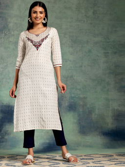 Libas - Off White Floral Zari Embroidered Yoke Kurta