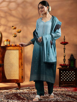 Libas - Green Muslin Self Design Kurta Sets for Women
