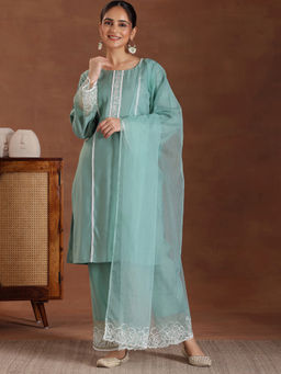 Libas - Green Silk Blend Self Design Kurta Sets for Women